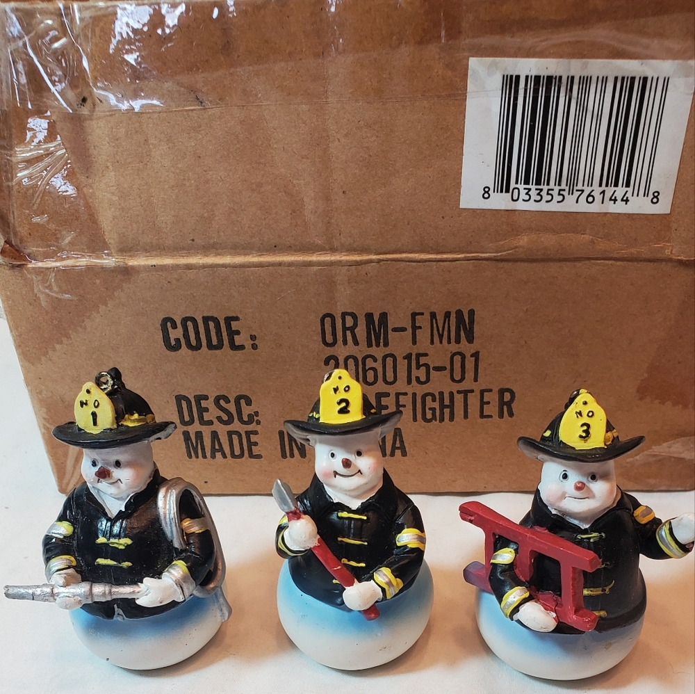 Firefighter Snowmen Christmas Ornaments Figurines Hang or Freestanding Set Of 3
